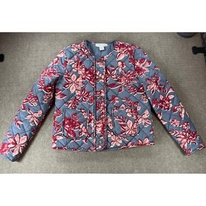 Rachel Zoe Womens Quilted Floral Jacket Blue Red Cotton Snap Front Pockets Small